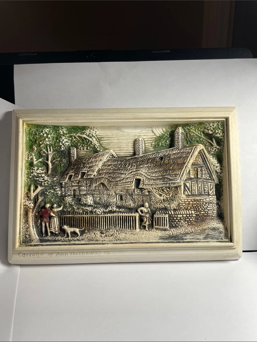 Cottage Scene Relief Wall Plaque in Cream and Green